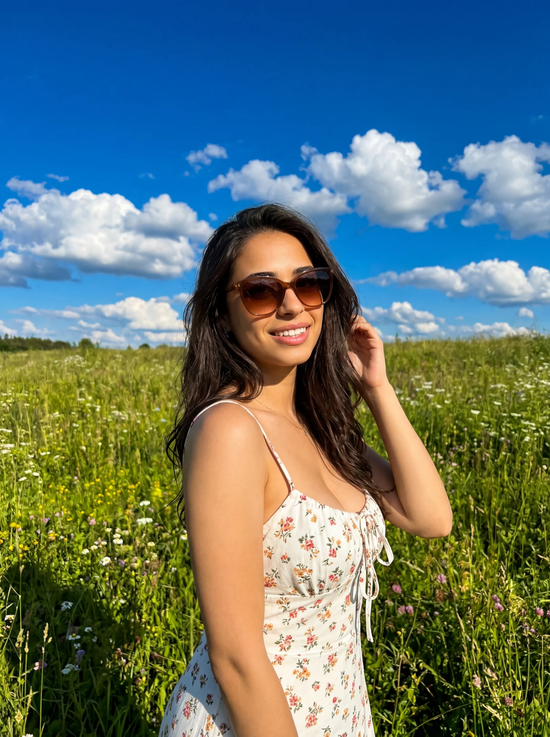 Amber Devi standing in a sunny flower field